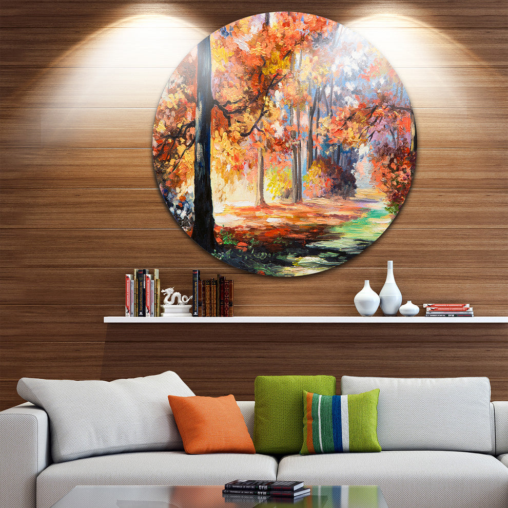 Fall Trail In Forest, Landscape Disc Metal Artwork, 38"