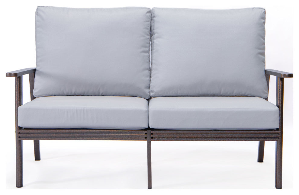 Leisuremod Walbrooke Patio Loveseat With Brown Aluminum Frame, Light Gray