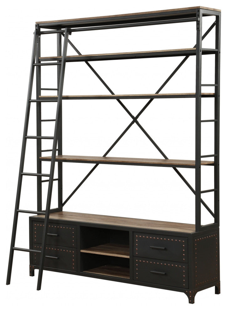 HomeRoots 64" X 29" X 83" Sandy Gray Metal Tube Bookcase With Ladder
