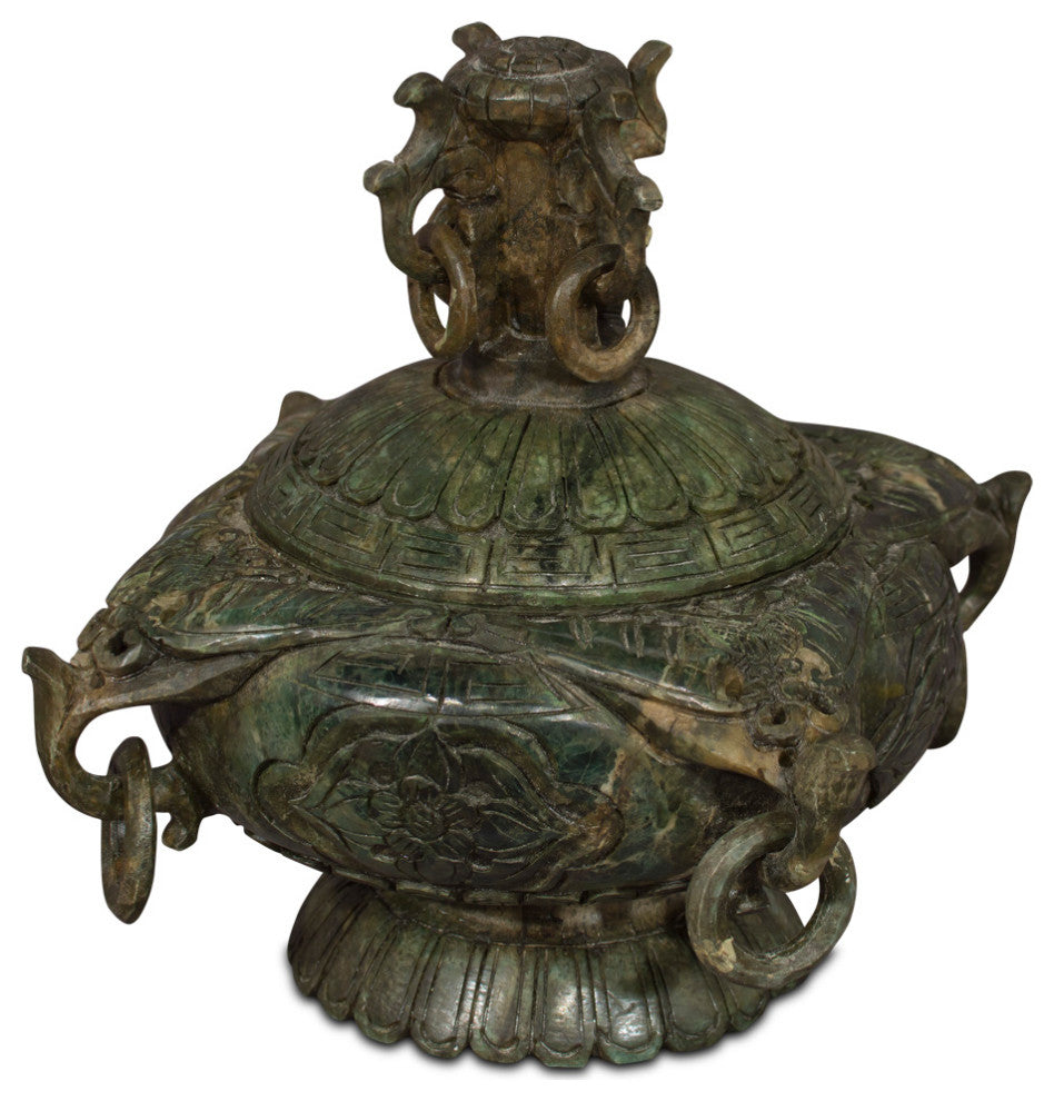 Hand Carved Chinese Jade Vessel with Floral Design and Removable Lid
