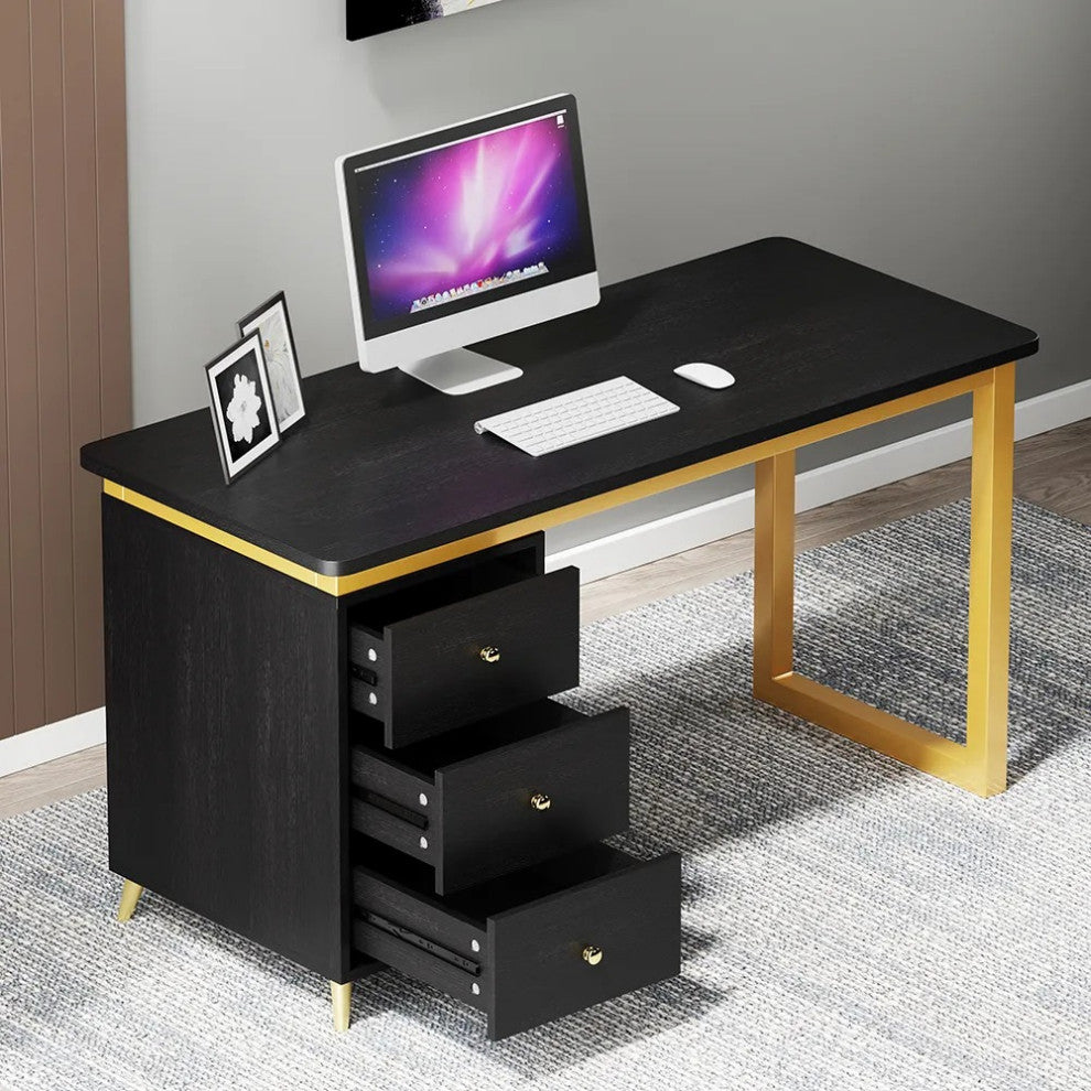 Modern 55" Black Wooden Home Office Writing Desk with Drawers in Gold