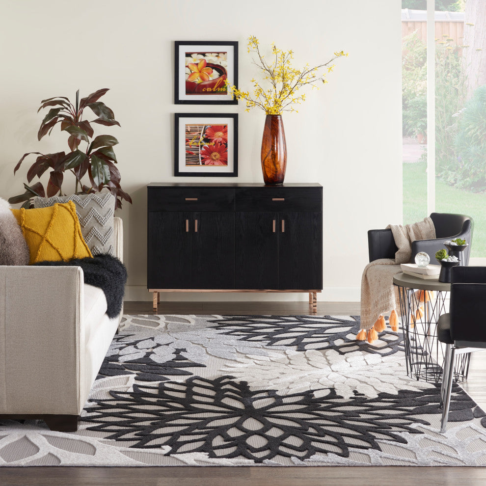 Nourison Aloha 9' x 12' Black White Tropical Area Rug