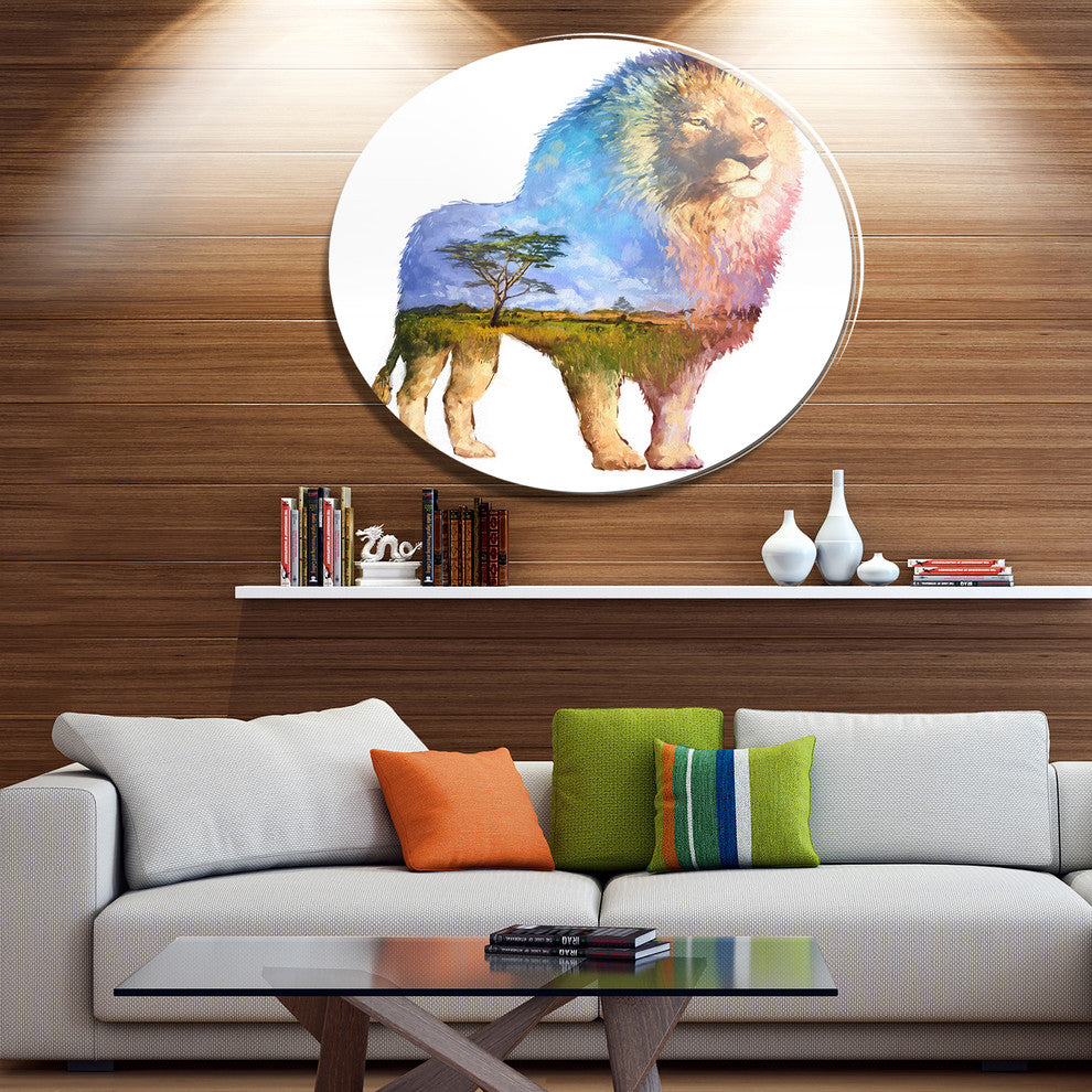 Lion Double Exposure Illustration, Animal Disc Metal Artwork, 36"