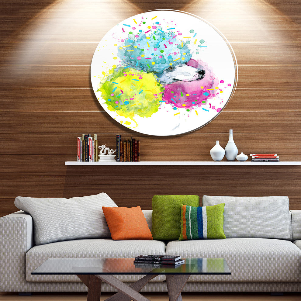 Cute White Dog With Color Spheres, Animal Art Round Wall Art, 11"