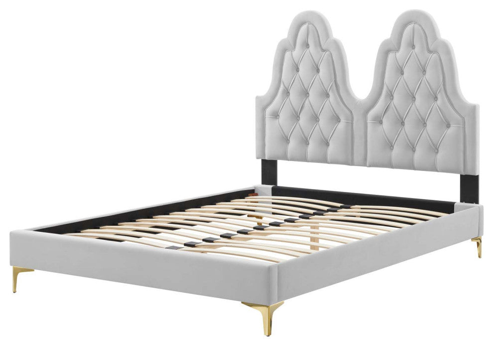 Tufted Platform Bed Frame, Twin Size, Velvet, Gray, Modern Contemporary