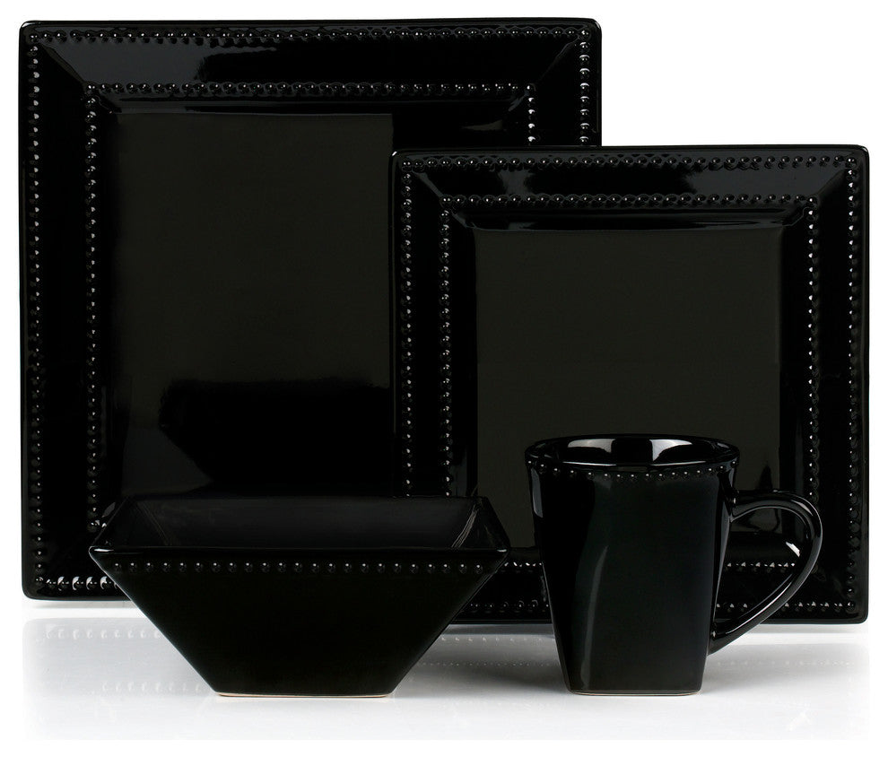 16 Piece Square Beaded Stoneware Dinnerware set by Lorren Home Trends, Black
