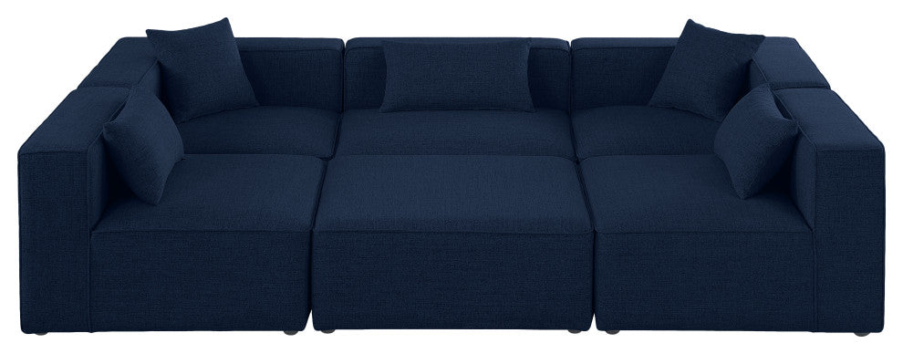 Cube Upholstered Modular Sectional, Navy, 6-Piece: 3 Armless Chair, 2 Corner Chair, 1 Ottoman, Linen Texured Fabric