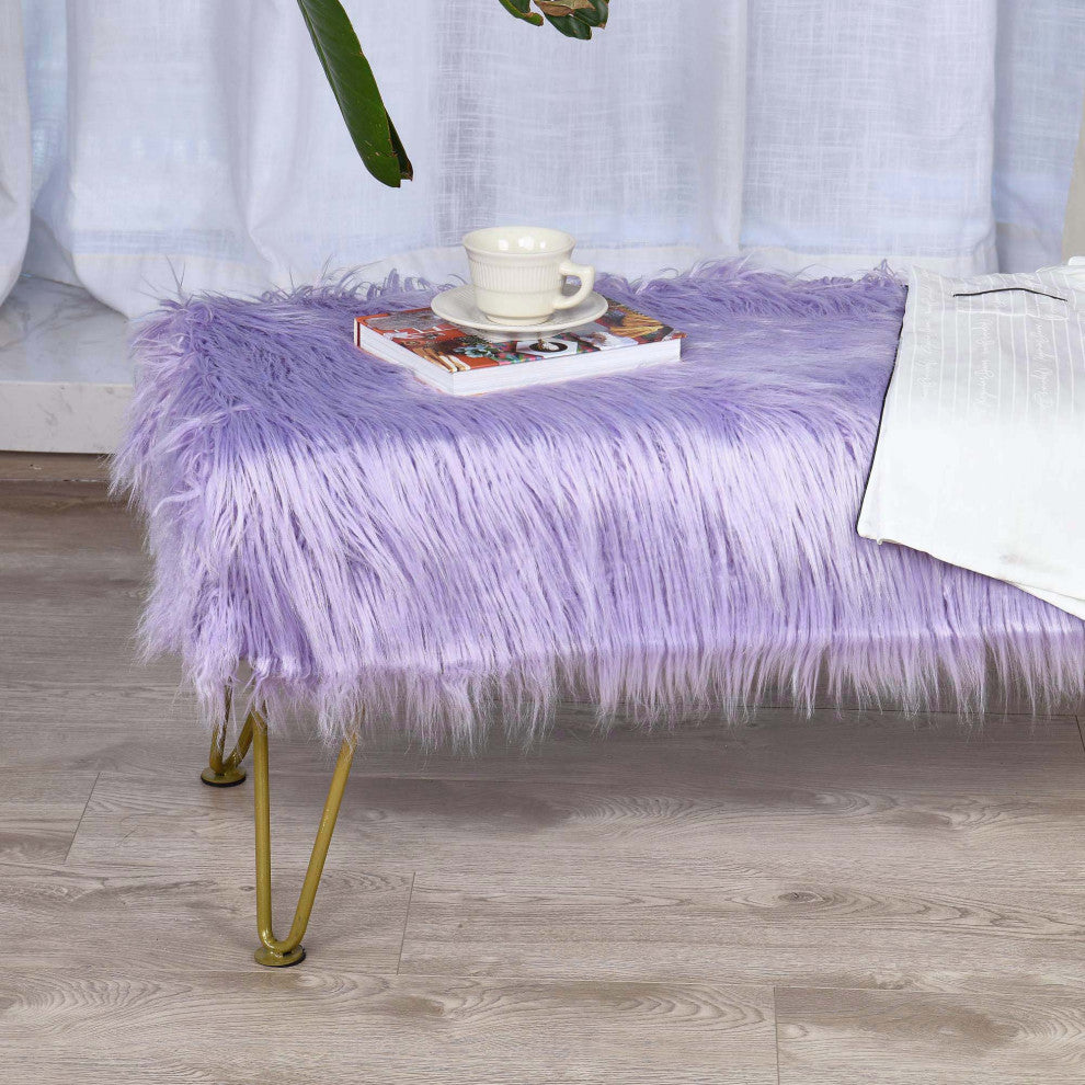 Mongolian Faux Fur Upholstered Ottoman Bench, Lavender, 46x16x22
