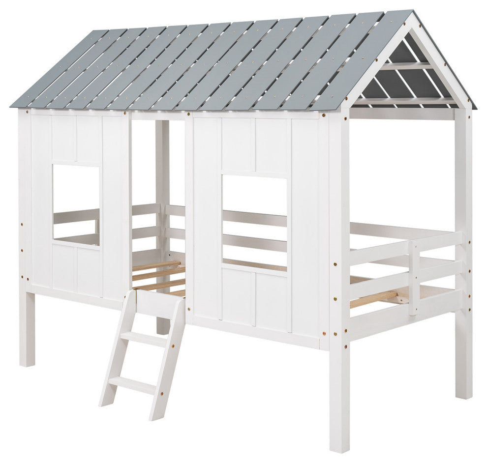 Gewnee Twin Size Low Loft House Bed with Roof and Two Front Windows in White