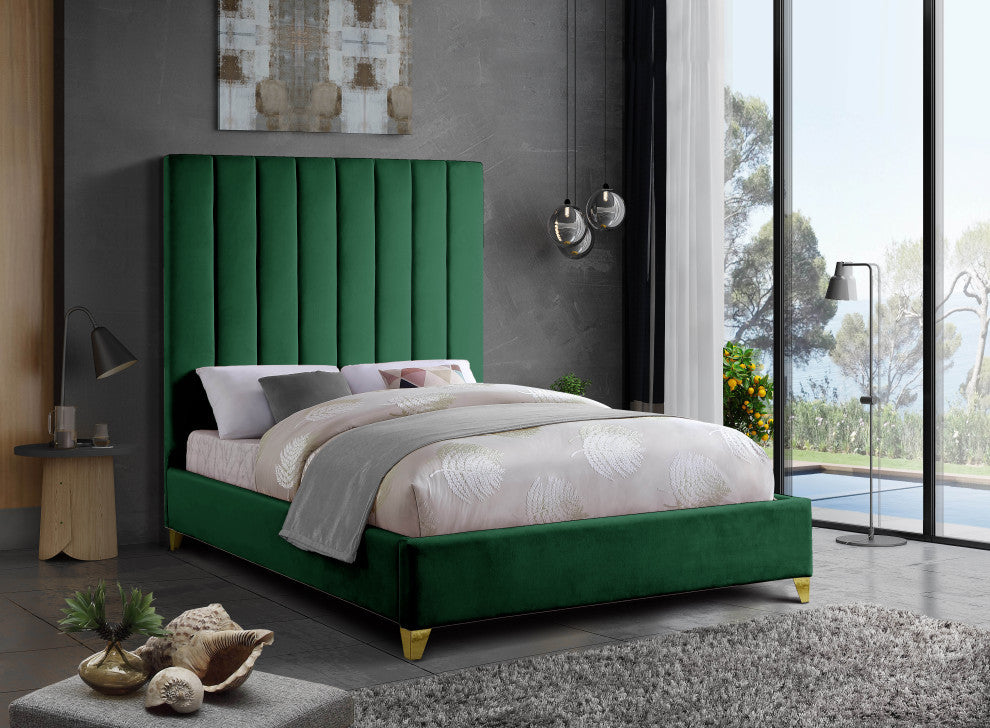 Via Velvet Upholstered Bed, Green, Queen