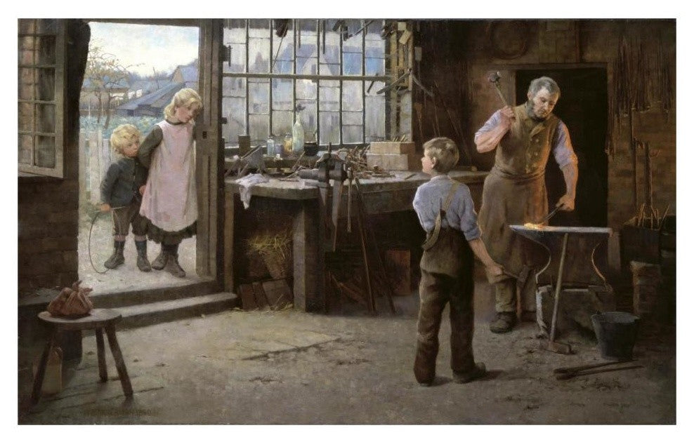 "His First Day at Work (Child Apprentice with Blacksmith)" Paper Art, 32"x21"