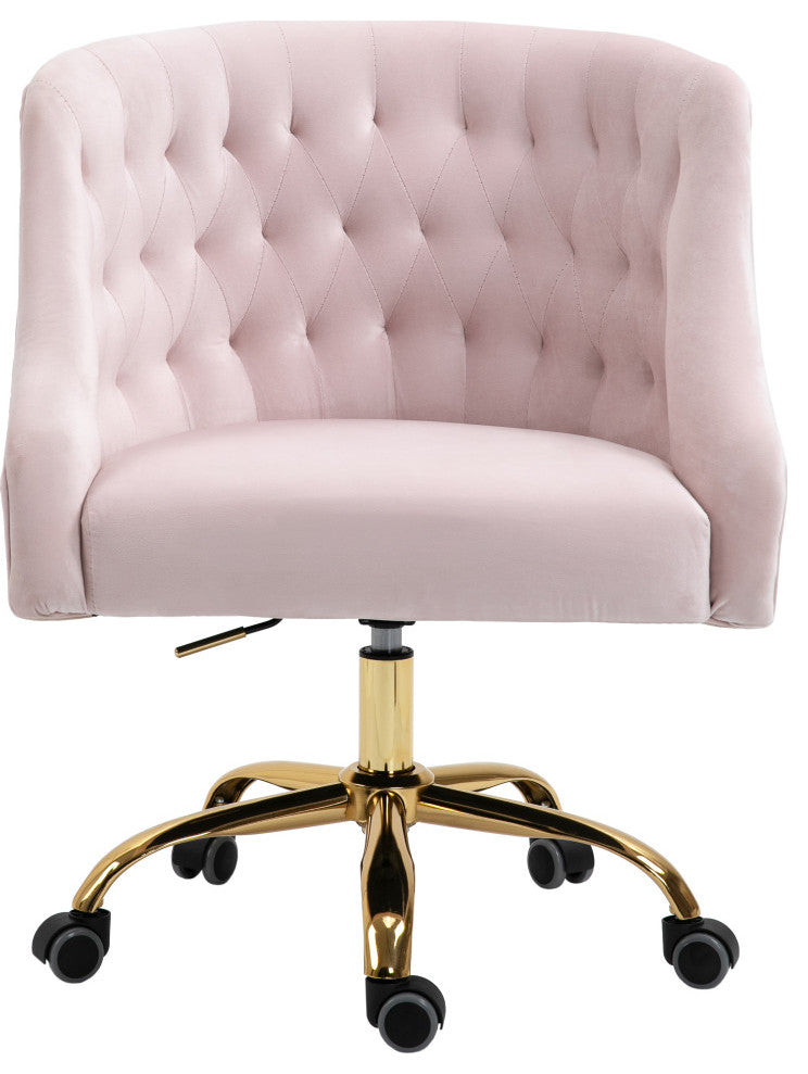 Arden Swivel and Adjustable Velvet Upholstered Office Chair, Pink, Gold Base