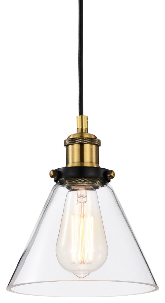 1-Light Black and Antique Brass Mini Pendant Light With Clear Glass Shade