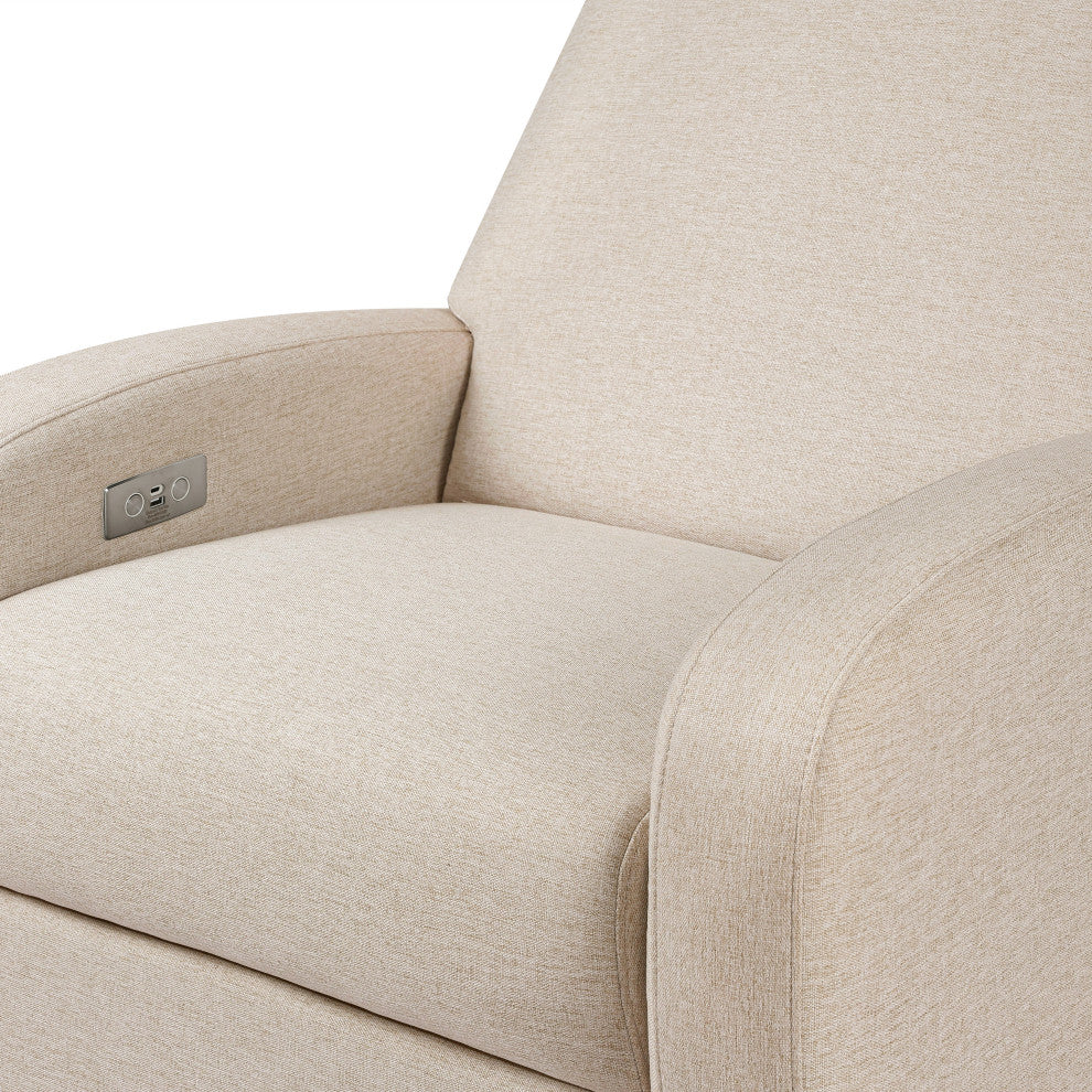Nami Electronic Recliner and Swivel Glider Recliner, Boucle With USB port, Performance Beach Eco-Weave With Light Wood Base
