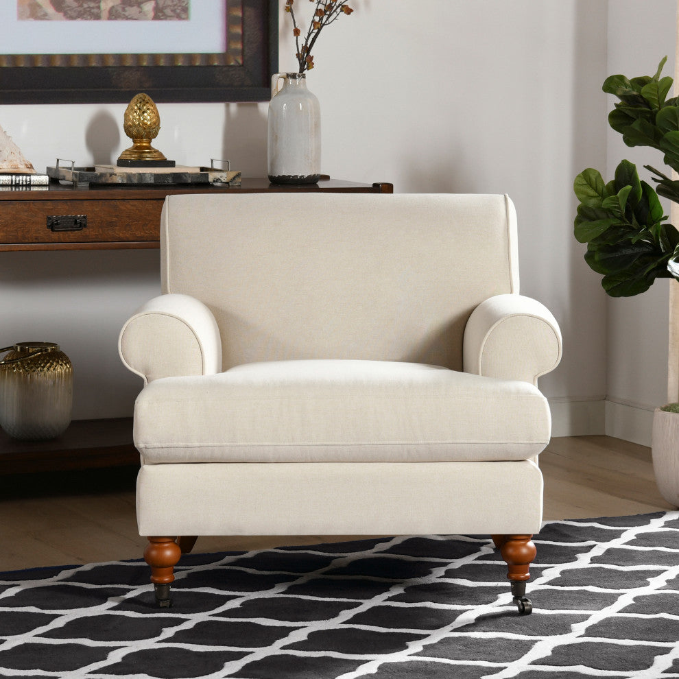 Alana 38" Lawson Accent Arm Chair, Metal Casters, Sky Neutral Beige Polyester