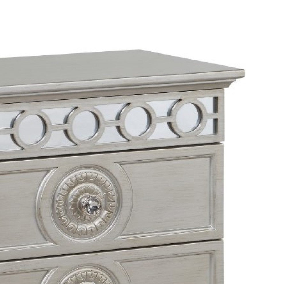 Benzara BM275683 Modern Nightstand With 2 Drawers, Mirror Inlay Trim, Silver