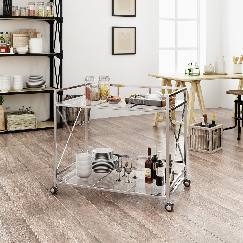 GDF Studio Danae Industrial Modern Iron and Glass Bar Cart, Silver