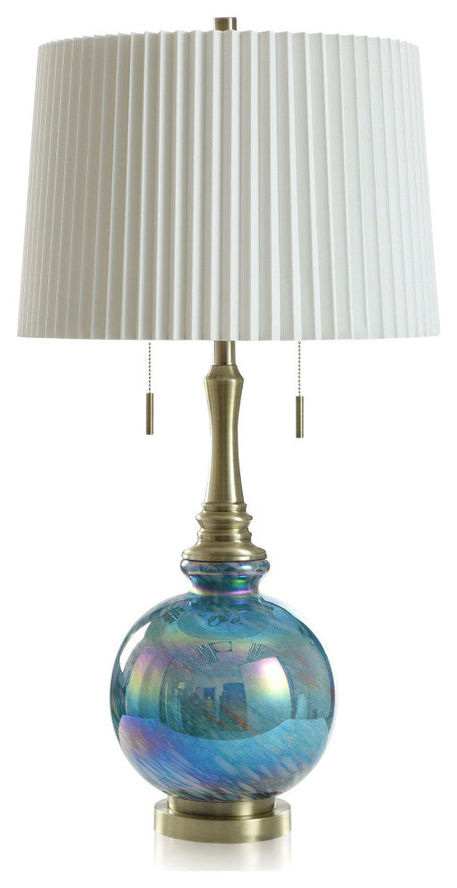 Iridescent Aqua Table Lamp Round Glass Body and Aged Brass Accent Off-White