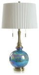 Iridescent Aqua Table Lamp Round Glass Body and Aged Brass Accent Off-White