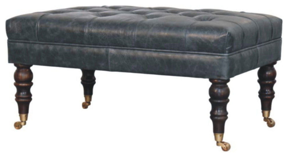 Ottoman Upholstered Buffalo Teal Leather With Castor Legs Artisan Furniture