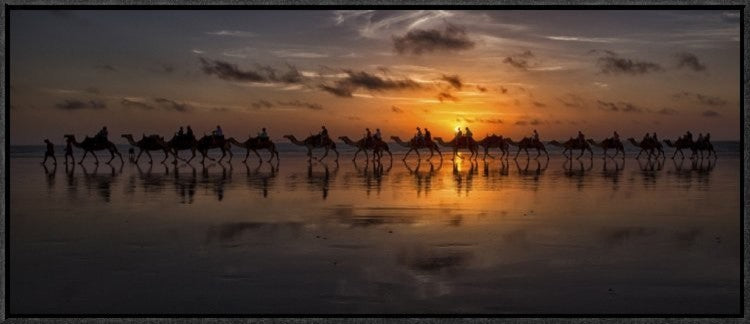 "Sunset Camel Safari" Framed Canvas Giclee by Louise Wolbers, 31x13"