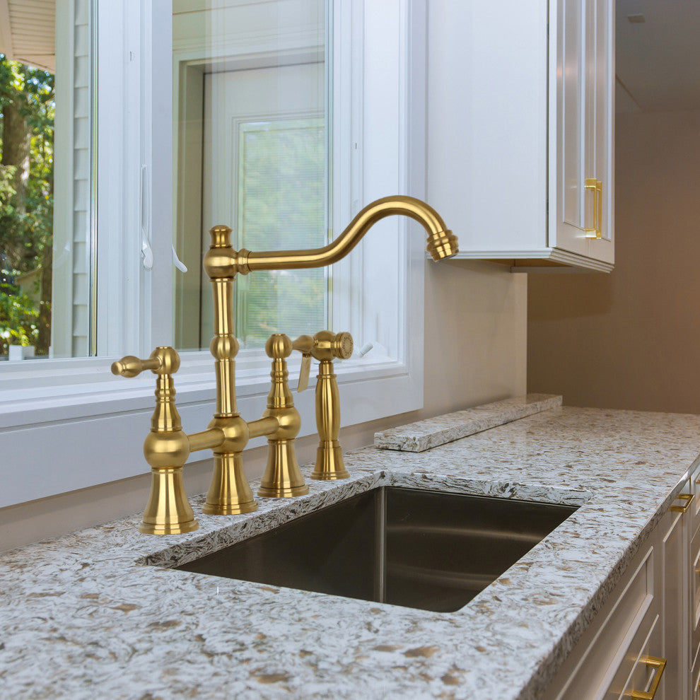 Two-Handles Copper Bridge Kitchen Faucet with Side Sprayer, Brushed Gold