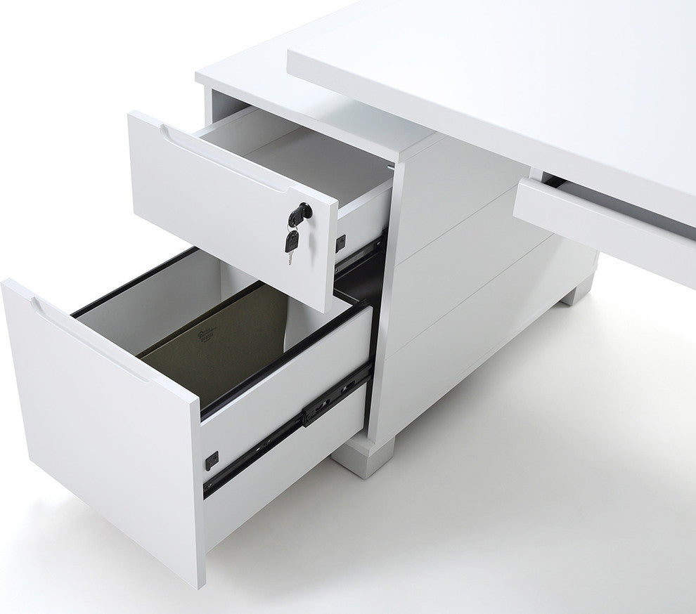 79"� Modern Ford White Matte Lacquer Desk Storage/Filing Drawers Keyboard Tray