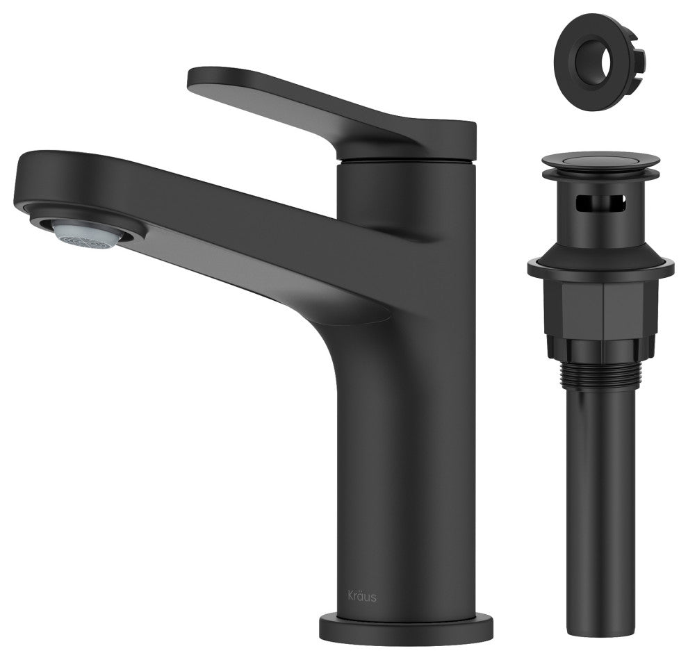 KRAUS Indy Single Handle Basin Bathroom Faucet Matte Black, Pop Up Drain