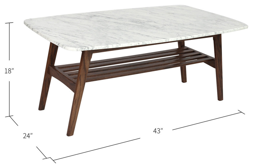 Laura 43" Rectangular Italian Carrara White Marble Coffee Table with Oak Shelf,
