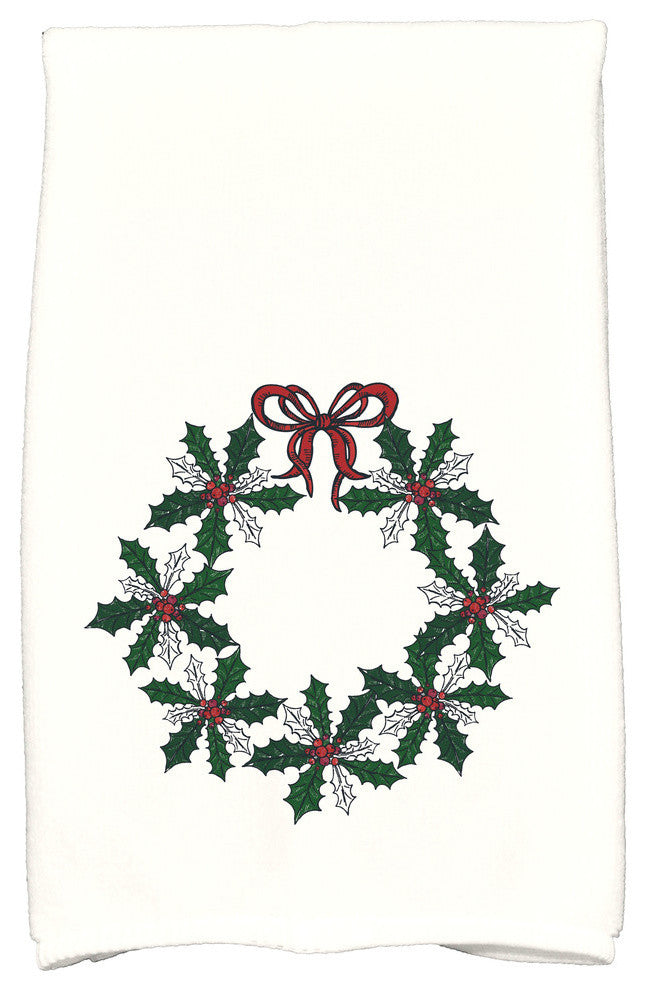 Traditional Holly Wreath Decorative Holiday Floral Print Hand Towel, Dark Green