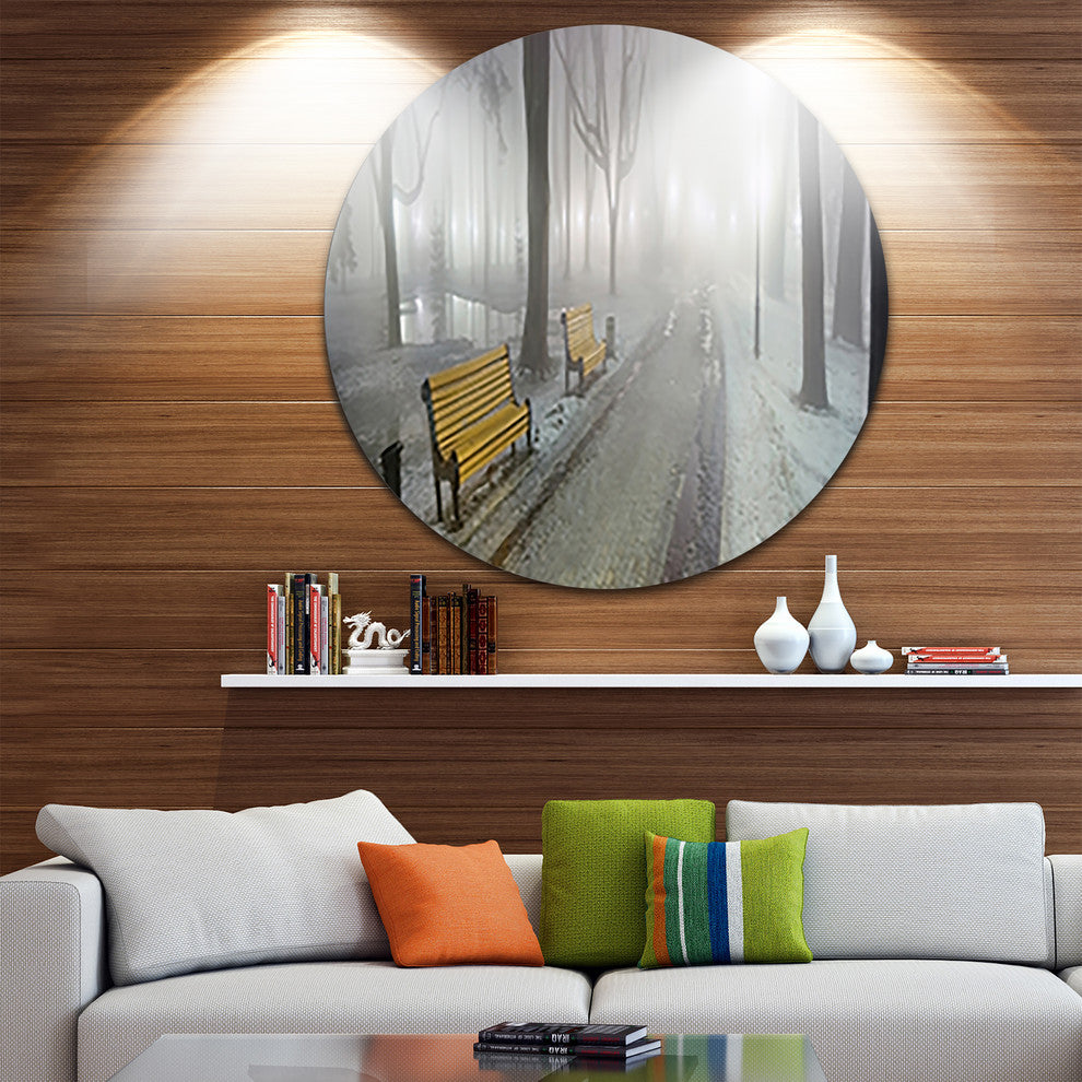 Yellow Seats In Mariinsky Garden, Landscape Disc Metal Wall Art, 38"