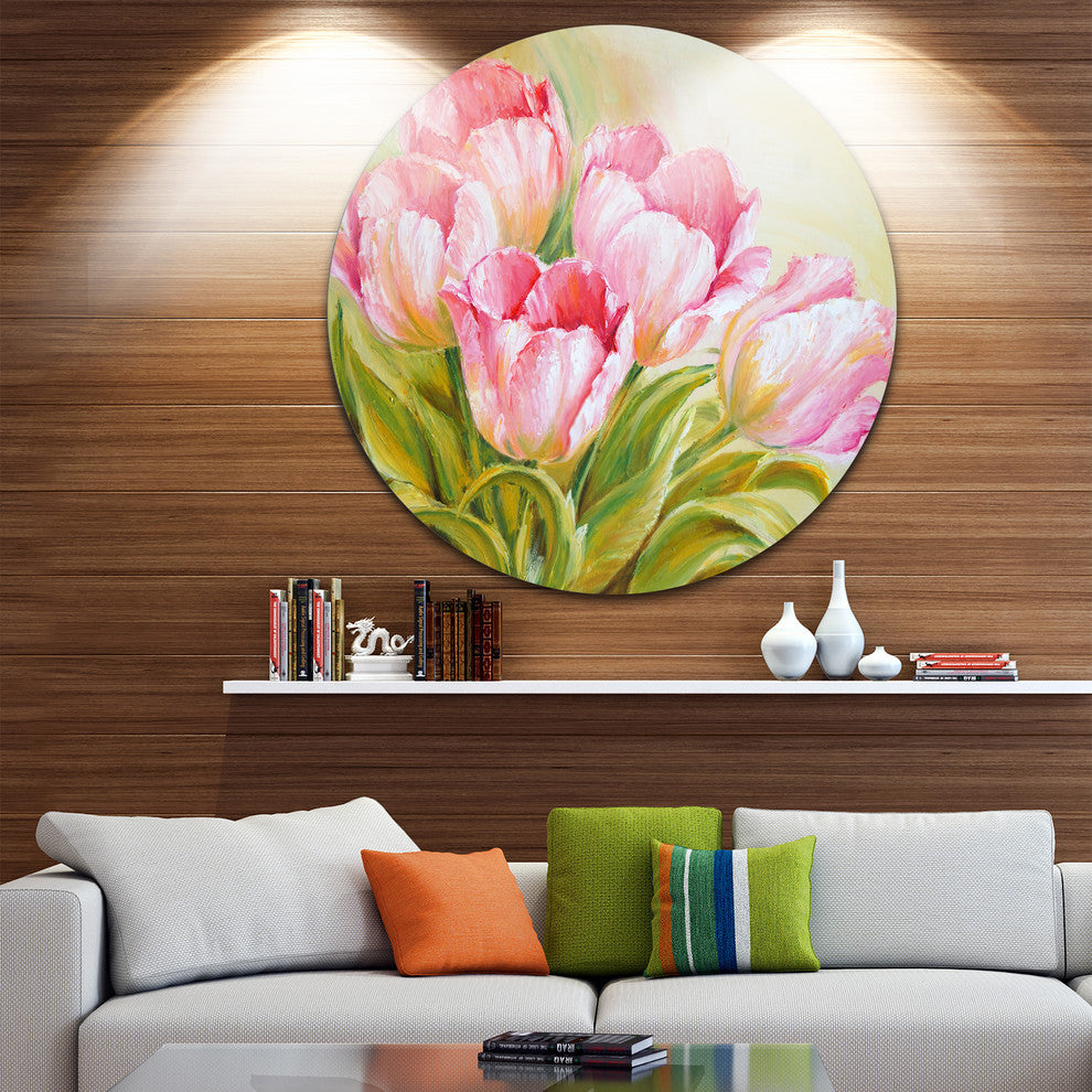 Bunch Of Tulips Oil Painting, Floral Disc Metal Artwork, 23"