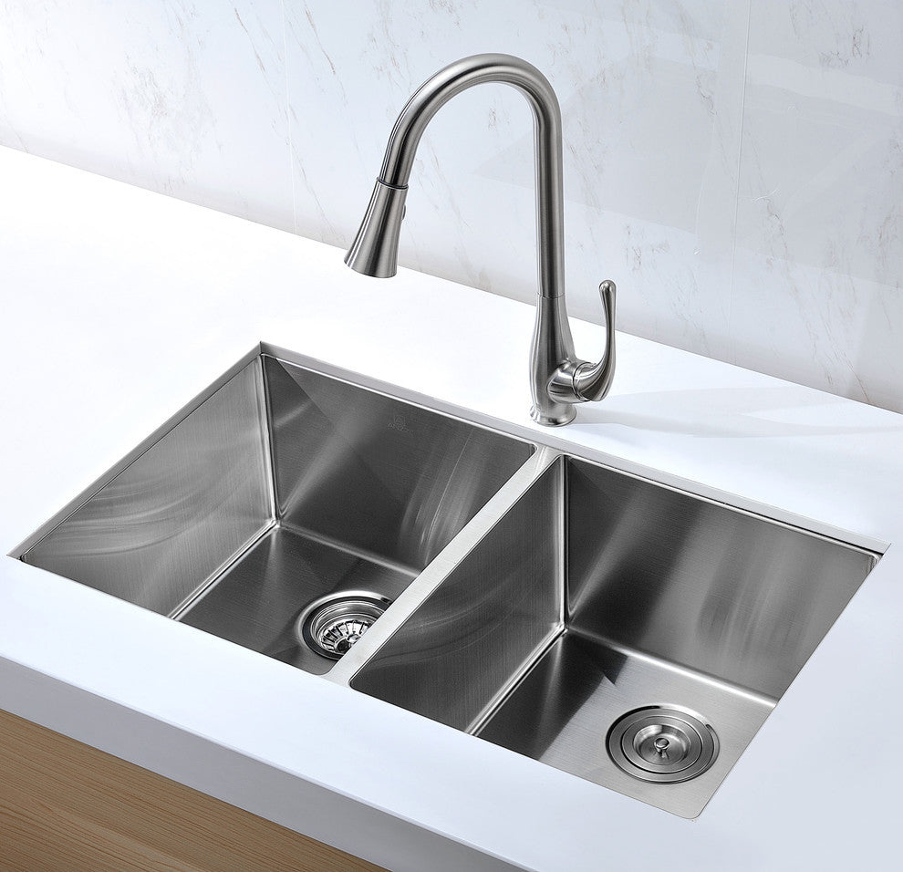 Undermount 32" 0-Hole 50/50 Double Bowl Kitchen Sink,Brushed Satin
