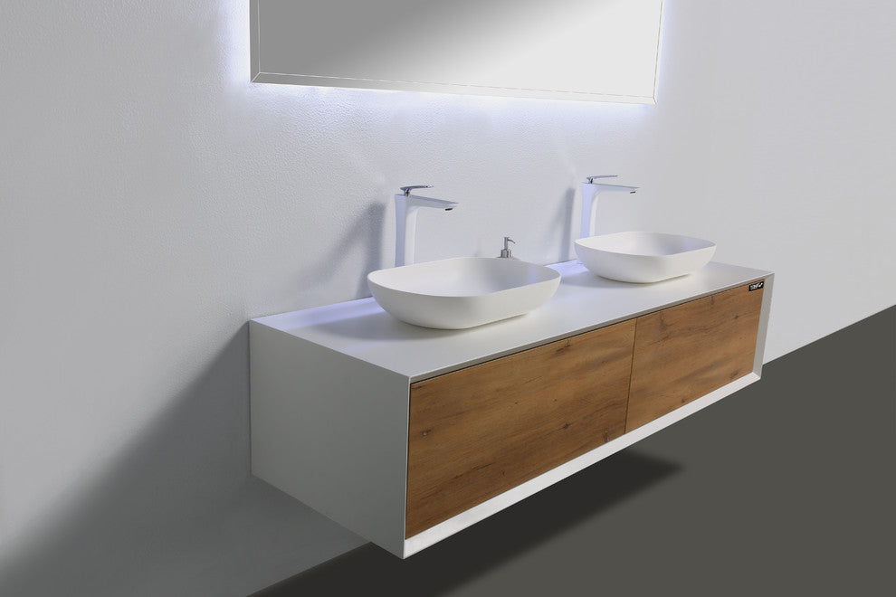 Alma-Fiona Nature Oak Finish Floating Vanity with Vessel sink, 72"