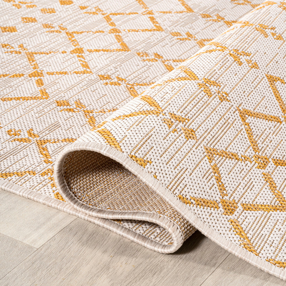 Ourika Moroccan Geometric Indoor/Outdoor Rug, Cream/Yellow, 5' Square