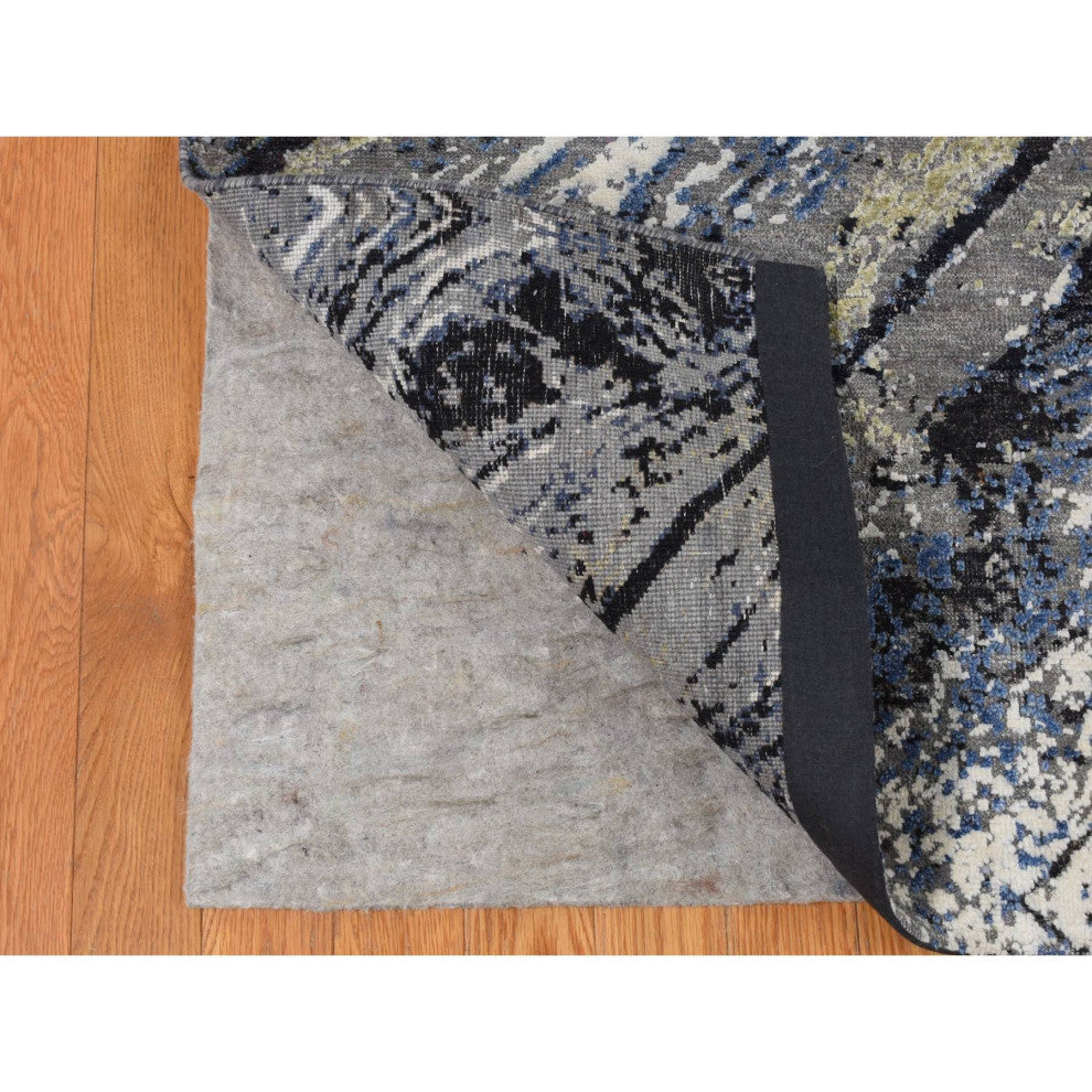 Gray, THE WOOD GRAIN Design, Silk With Wool, Hand Knotted Rug, 9'x12'1"