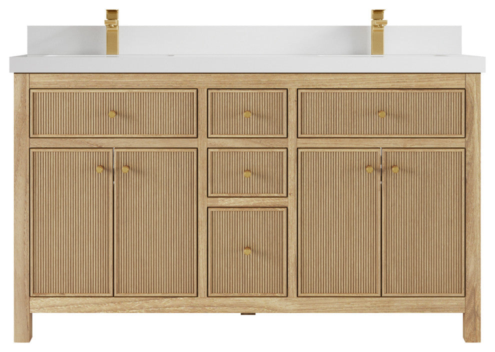 Sonoma 60 Double Bathroom Vanity in Light Natural Teak with 2" White Quartz