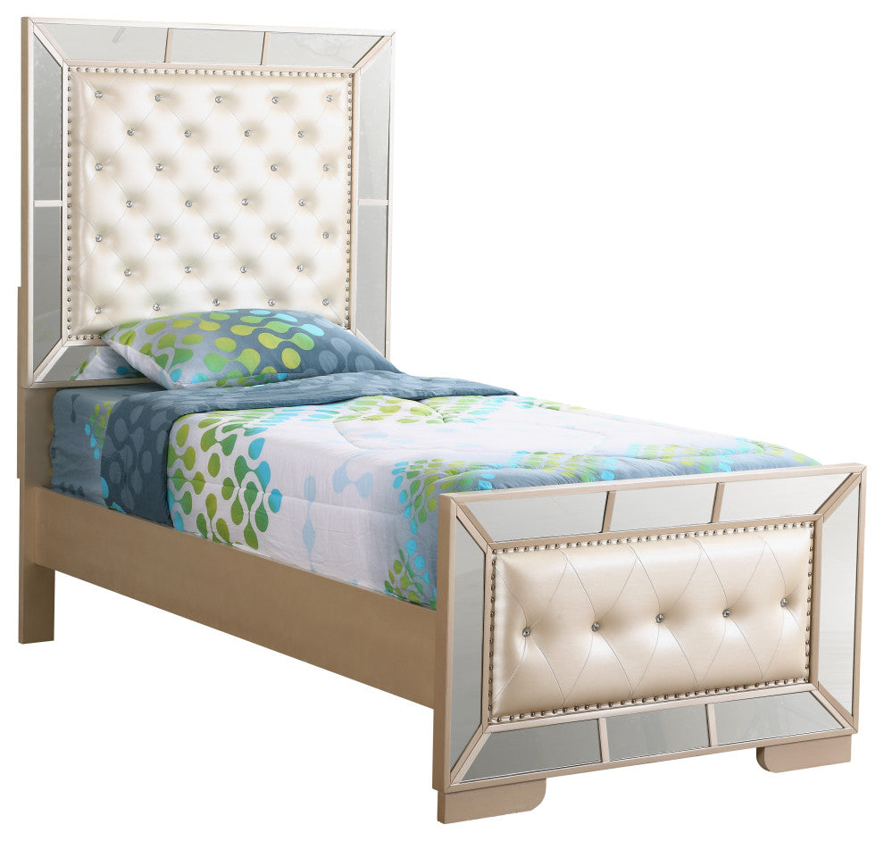 Galera Tufted and Mirrored Bed, Pearl, Twin