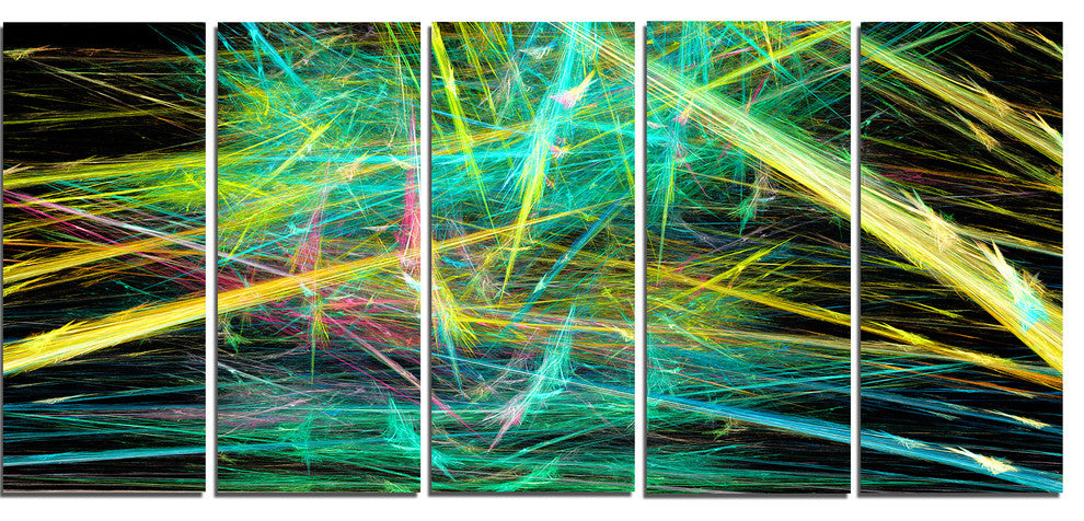 Green Yellow Magical Fractal Pattern, Abstract Canvas Art, 60"x28", 5 Panels