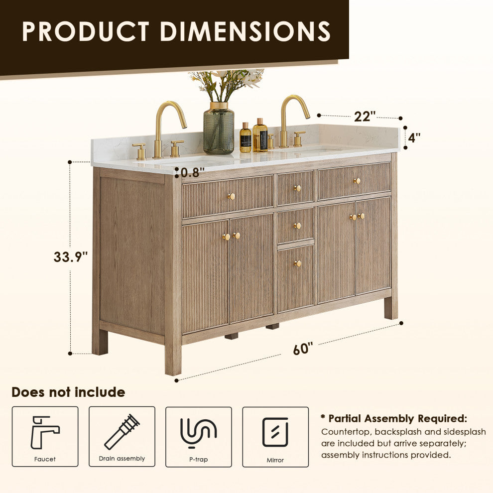 Cerrito Bathroom Vanity, Natural Oak, 60" Double, Without Mirror