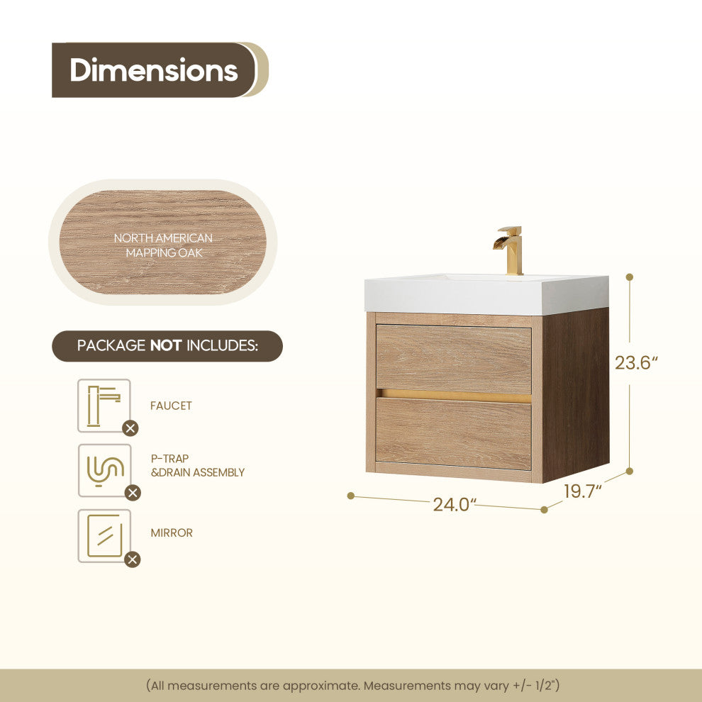 Palencia Floating Bath Vanity With Composite Stone Top, North American Oak, 24", No Mirror