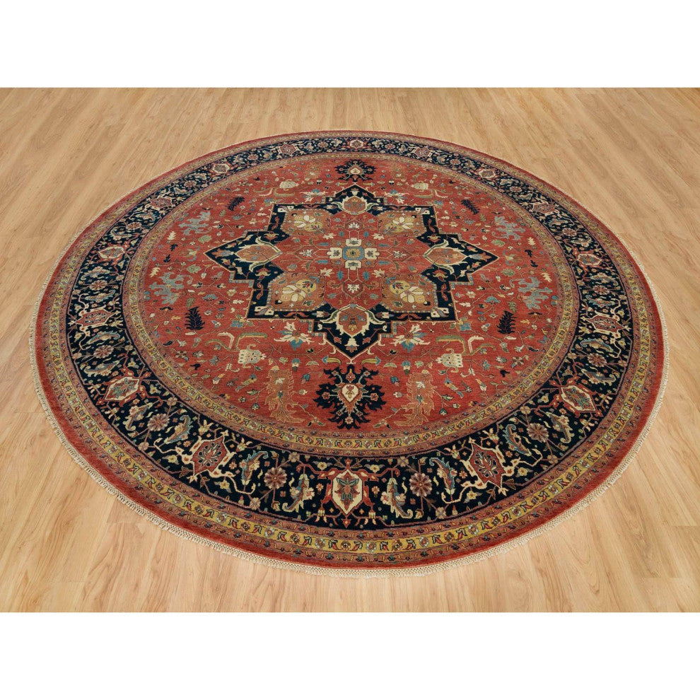 Red Hand Knotted Antiqued Fine Heris Re-Creation Wool Round Rug 11'10"x11'10"