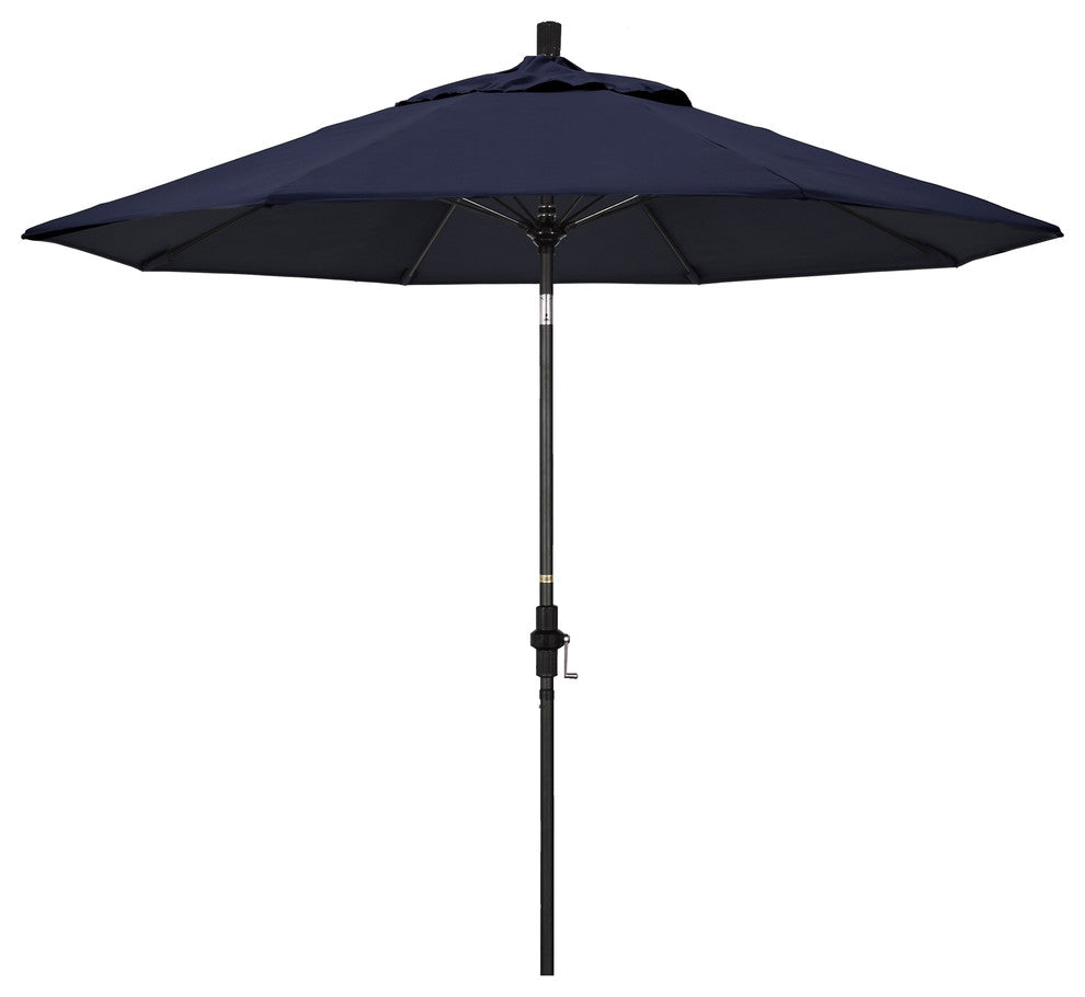 9' Matted Black Collar Tilt Lift Fiberglass Rib Aluminum Umbrella, Sunbrella, Navy