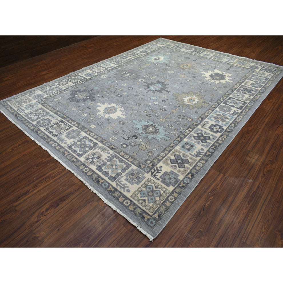 Stone Gray Afghan Wool Hand Knotted Fine Peshawar Oriental Rug, 9'0"x12'0"