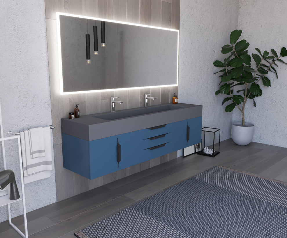 CastelloUSA Nile 72" Wall Mounted Bathroom Vanity Set, Blue, Gray Top, Black Handles