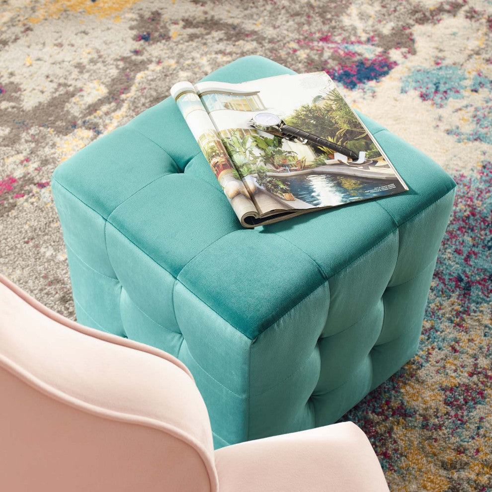 Contour Tufted Cube Performance Velvet Ottoman-Teal