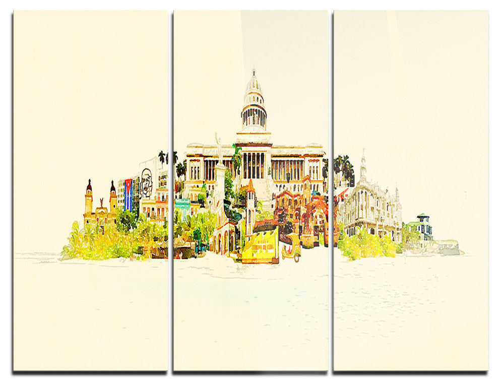 "Havana Panoramic View" Watercolor Metal Wall Art, 3 Panels, 36"x28"