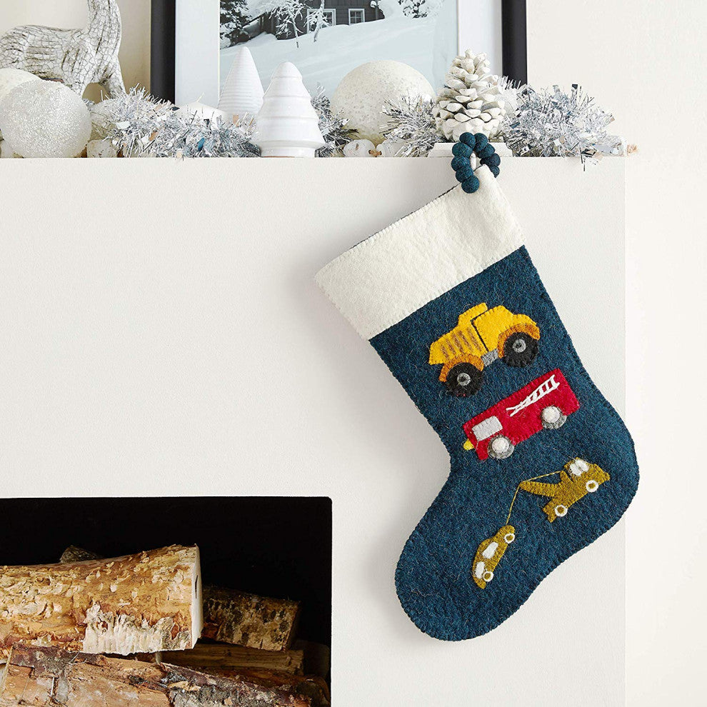 Trucks on Navy Christmas Stocking, Hand Felted Wool