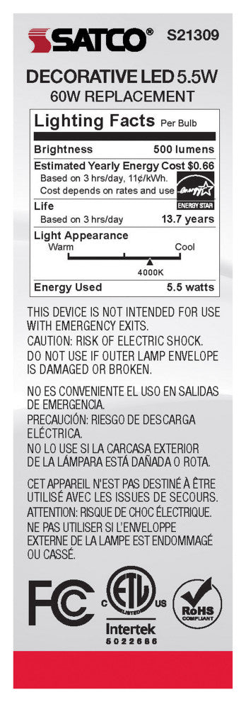 5.5W CA10 LED, Frost, Candelabra Base, 90 CRI, 4000K, 120V