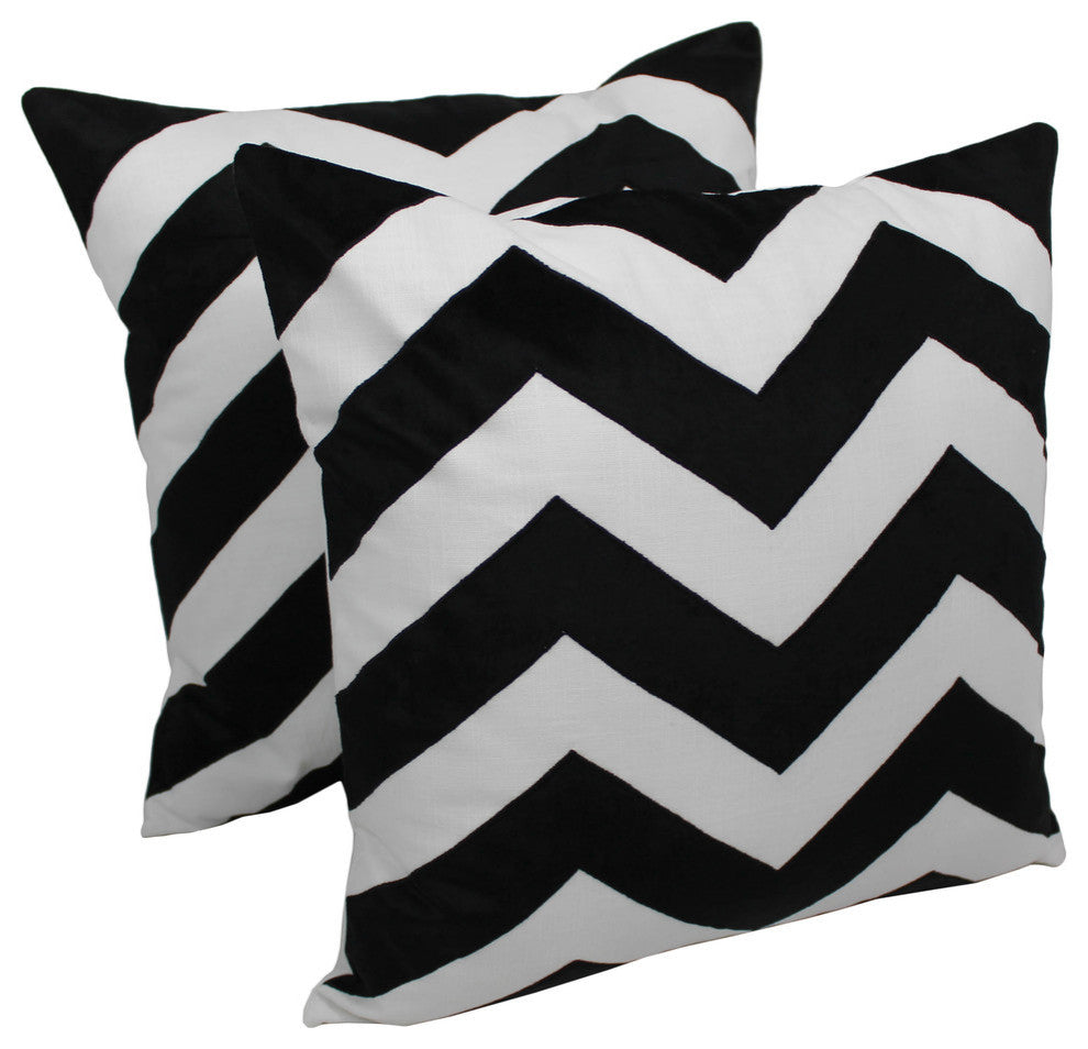 20" Chevron Velvet Throw Pillow, Set of 2, Black Velvet/Ivory Fabric